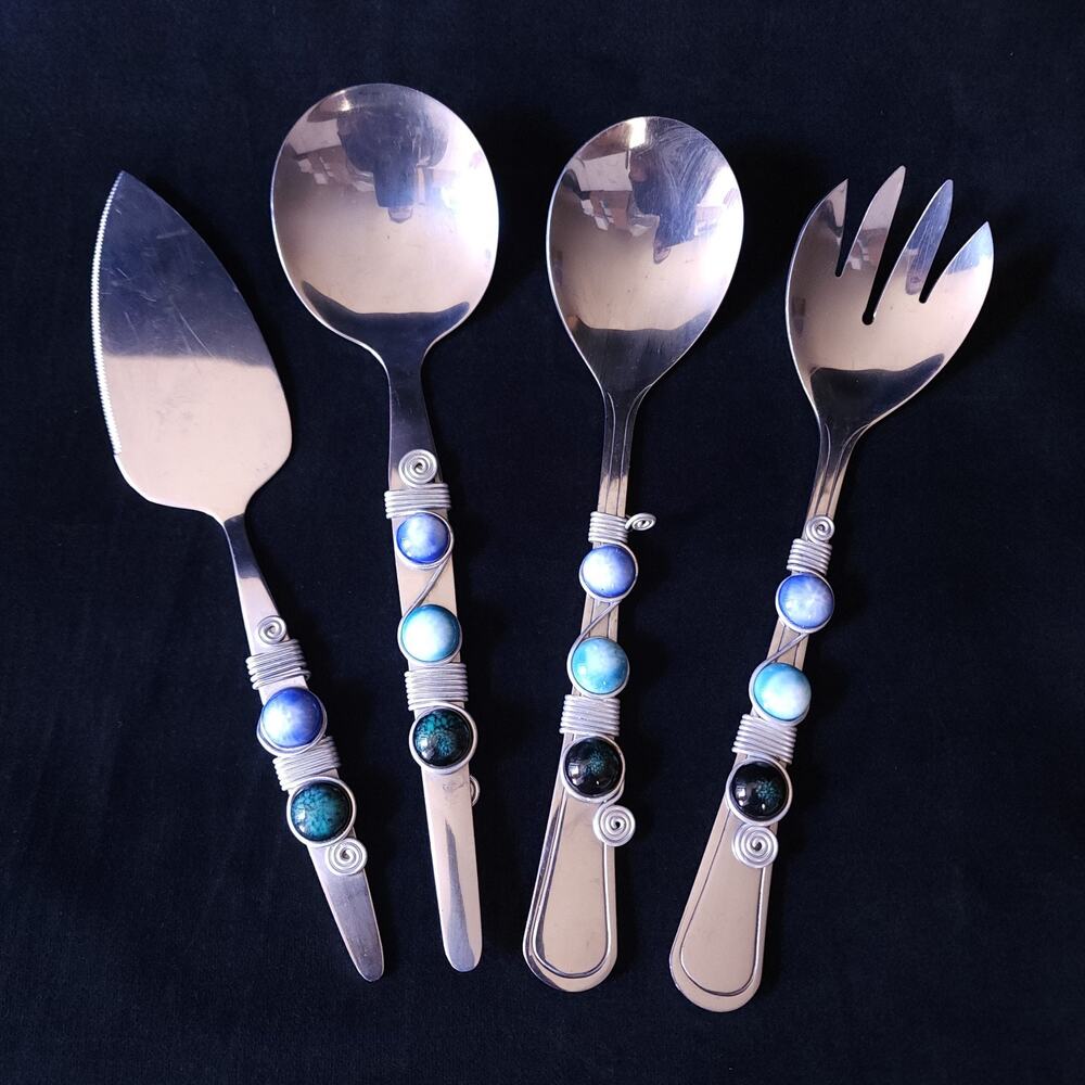4 pc Set Stainless Steel Beaded Serving pieces Servers Spoons Cake Pie Server